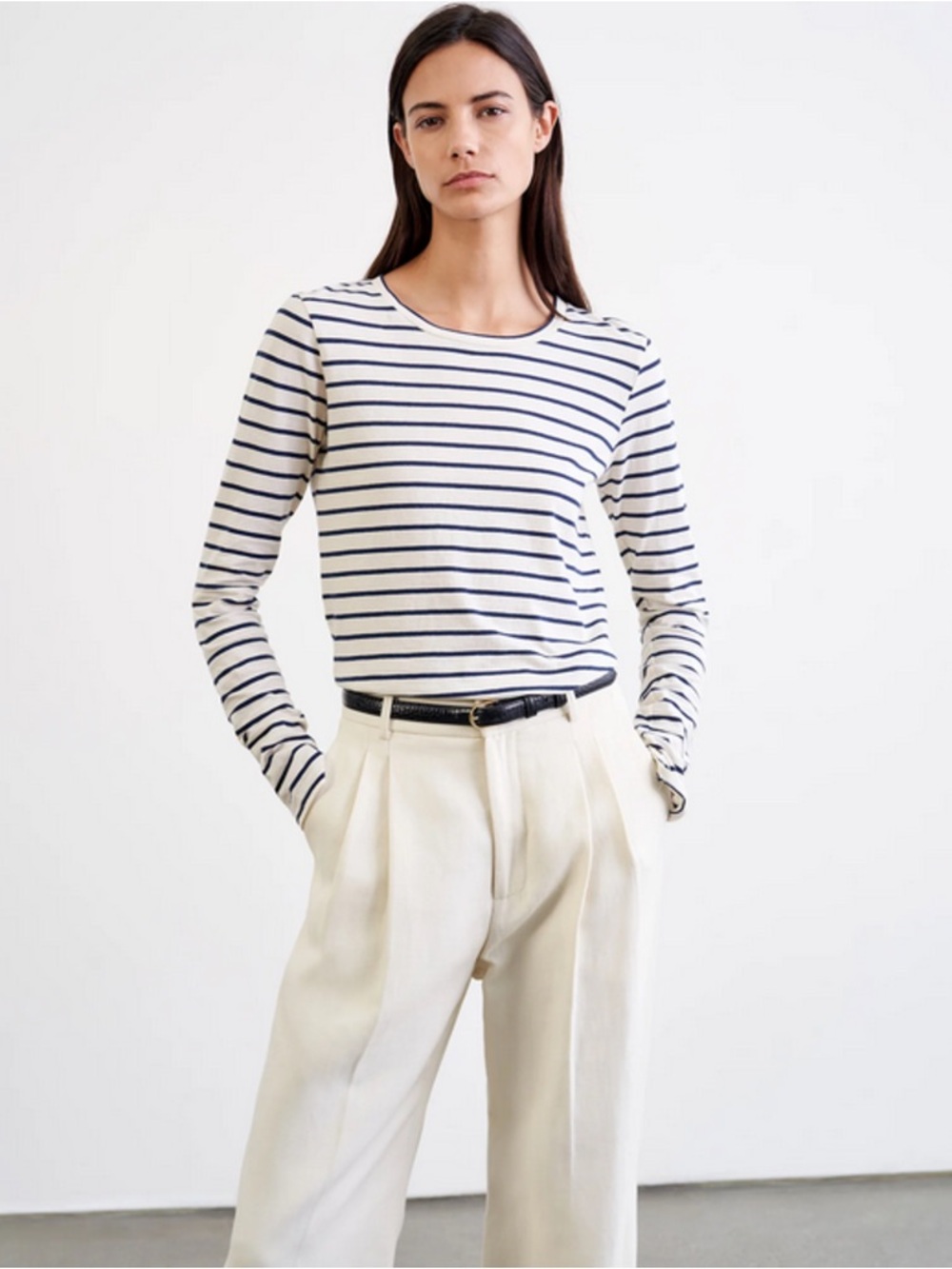 NILI LOTAN Susana Striped Long-Sleeve Tee Cotton Small